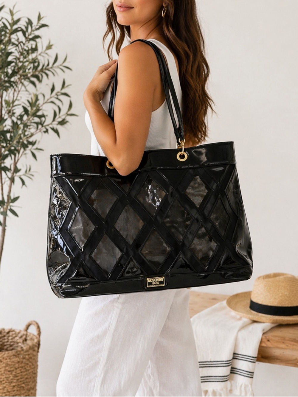 Moschino Vintage 90s Redwall Black Patent And Mesh Tote Bag Ex Large Italy